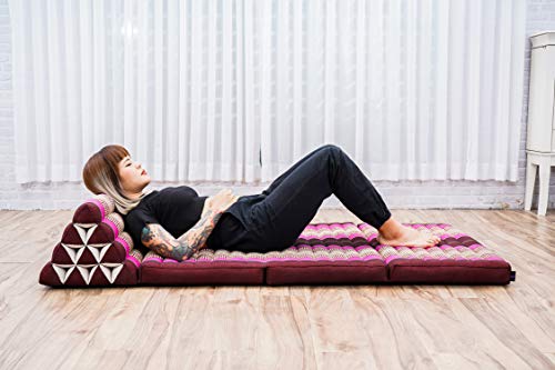 Image of Leewadee 3-Fold Mat XXL with Triangle Cushion - Firm TV Pillow, Foldable Mattress with Cushion Made of Kapok, 67 x 31 inches, Auburn Pink