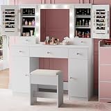 wanan White Vanity with Jewelry Storage, Big Makeup Vanity Desk with Mirror and Lights, 5 Drawers and 4 Cabinets, 45.3'' Large Vanity Set for Bedroom