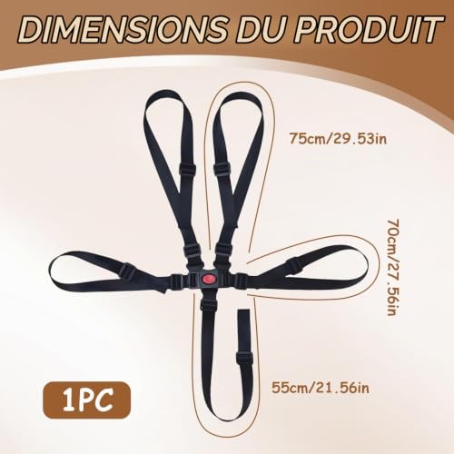 Sangle Chaise Haute Bebe, Réglable Harnais de Sécurité 5 Points, Portable Ceinture de Sécurité Bébé Harnais Universelle Remplaçable Harnais Siege Auto Enfant pour Berceau Poussette (Noir) – vue 2