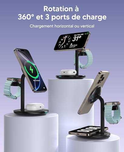 RoRoSkin Station de Charge inductive, Chargeur de Station de Charge sans Fil 3 en 1, Chargeur sans Fil Compatible avec Chargeur Mag Safe pour iPhone 16 15 14 iWatch Ultra 2/1,Series 10/9/8 – Image 3