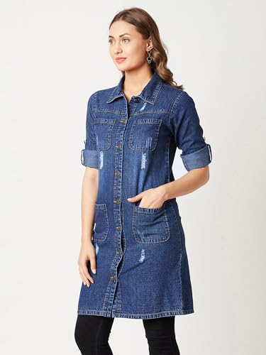 Image of Miss Chase Women's Polo Neck Full Sleeves Patch Pocket Denim Overcoat Knee-Length Jacket