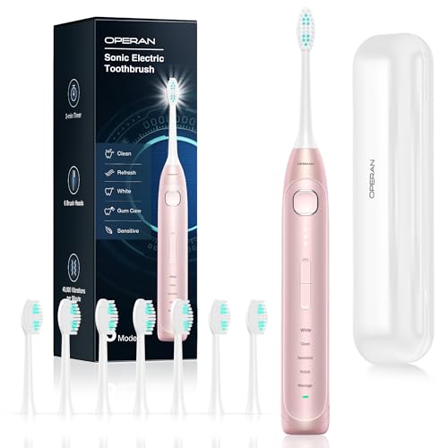 Operan Electric Toothbrush for Adults and Kids Rechargeable Sonic Toothbrush with 5 Modes 2-Min Smart Timer IPX7 Waterproof 40,000 VPM Motor with 8 Br