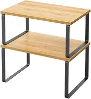 Prateleira organizadora de armário, conjunto de 2 prateleiras empilháveis, rack de armazenamento de armário de madeira e metal, suporte expansível para temperos de cozinha, prateleira multiuso