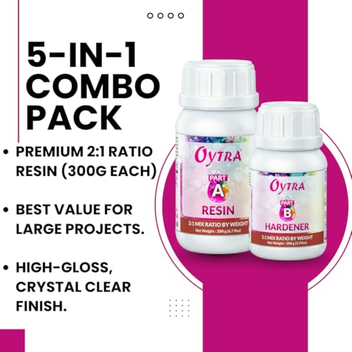 Image of Oytra Resin Art Liquid Hardener for Craft Beginners Materials Kit Ultra Crystal Clear Coat Transparent Epoxy 2 1 Ratio Artists Jewellery Set Casting Tabletop DIY Project (Pack of 5 x 300g)