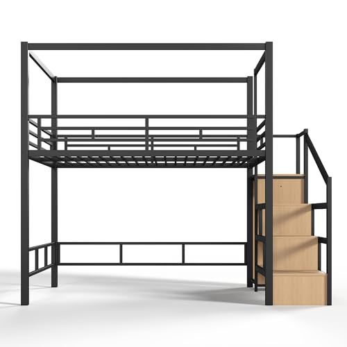 Image of Bellemave Queen loft Bed with Storage Stairs, Wardrobe, LED,Canopy Support Pole, Metal Loft Bed Frame for Adults, Kids, Teens, Canopy can be Disassembled, Black+Natural Wood
