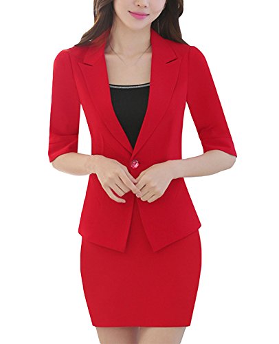 MFrannie Womens 3-Piece Half Sleeve Office Suit Set of Blazer Skirt Camisole Red XS
