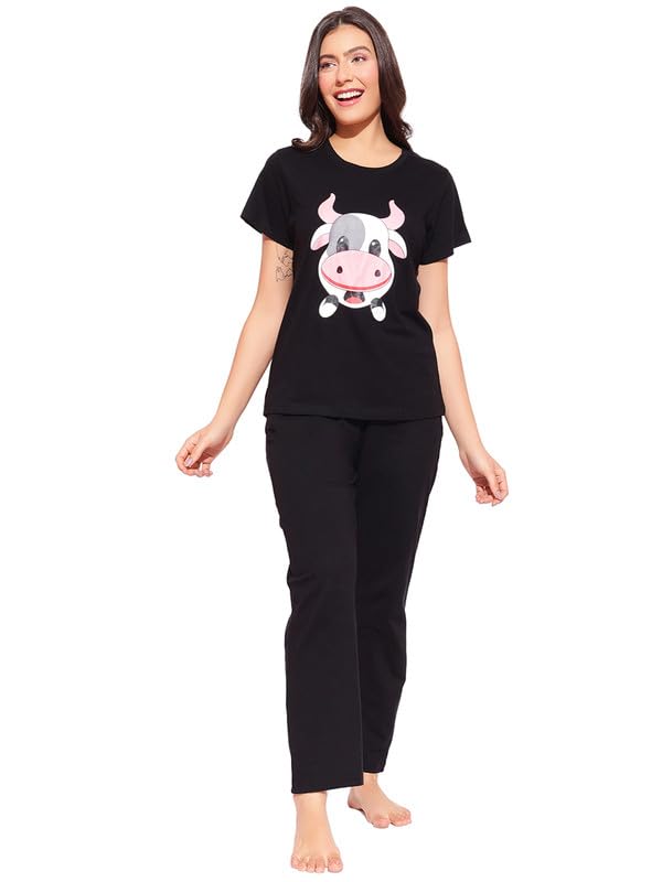 clovia 100% Cotton Cow Emoji Print Top & Solid Pyjama Set-picture-15