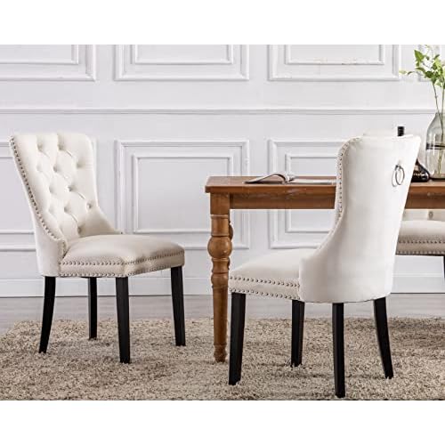 CIMOTA Beige Leather Dining Chairs Set of 2 Mid Century Modern Dining Room Chairs Tufted Upholstered Kitchen Dining Chairs Comfortable Side Chairs with Nailhead Trim/Ring Back (PU /2PCS)