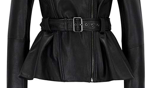 Belle Black Blazar Trench Coat Belted Peplum Real Leather Jacket Women4