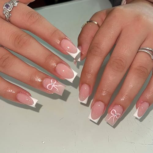 24Pcs French Tip Press on Nails Short Square Fake Nails with Cute...