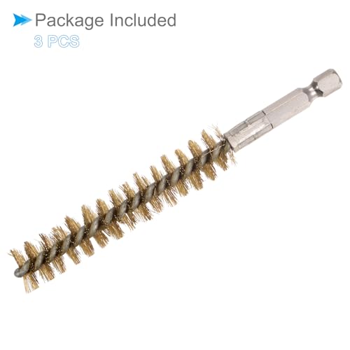Image of Bore Brush, 15mm Dia 75mm Length, Brass Twisted Cleaning Wire Brushes with 1 /4 inch Hex Shank - (Applications: for Power Drill), 3-Pieces