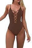 fatty tiger Womens Deep V Neck Cut Out Crisscross Front Backless High Cut Monokini One Piece Swimsuit with Adjustable Straps Brown L