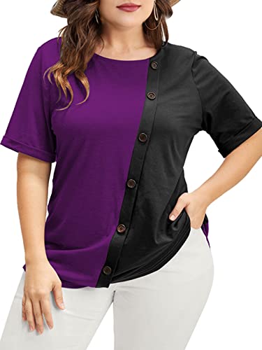 Corfrute Women Tops Plus Size T-Shirt Colorblock Contrast Button Tunic Tops Casual Summer Blouses Shirts Cuffed Sleeve (Purple，Xl) #TOP21