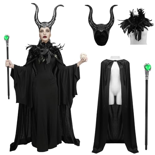 Makoike 4Pcs Evil Queen Costume Women Witch Maleficent Horns Feather Cape Cloak Carnival Halloween Costume Cosplay Props