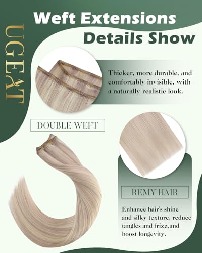 Image of Ugeat Weft Hair Extensions Human Hair 24 Inch, Sew in Weft Hair Extensions Human Hair 100g, Hair Weft Extensions Ash Blonde Highlights Bleach Blonde, Easy Wash