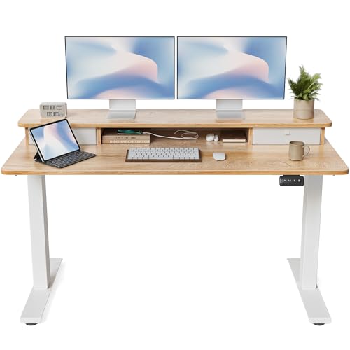 FEZIBO Height Adjustable Electric Standing Desk with Double Drawer, 55 x 24 Inch Stand Up Table with Storage Shelf, Sit Stand Desk with Splice Board, White Frame/Maple Top