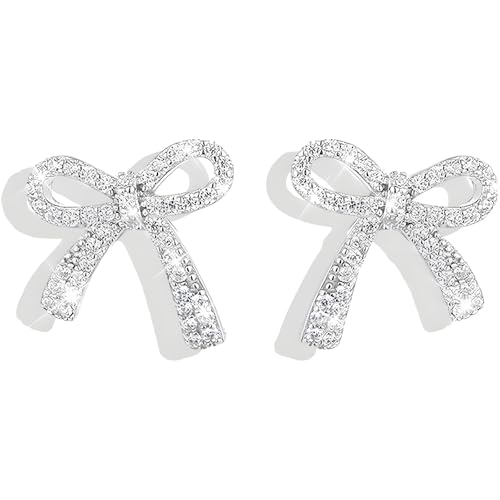 Cuixia 1 Pair Stud Earrings for Women Silver Flat Back Earrings Tiny Bow Earring Stud for Girls Trendy Sparkling Tassel Earring with Rhinestones Birthday Party Jewelry Christmas