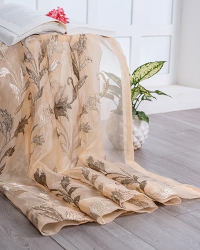 Image of (5 Ft Tissue Fabric Embroidered Curtain | Leaf Design Grommet Curtains Window Curtain | Vintage Classical Floral Print | For Home | Brown (Pack Of 2) | 152 L X 121 W Centimeters