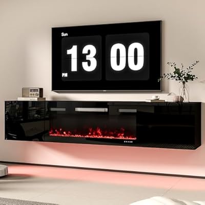 Floating TV Stand with 36” Electric Fireplace, 70” Wall Mounted TV Shelf with Storage Cabinet, Modern Entertainment Center Media Console with Remote Control, LED Lights, Up to 80 Inch TVS, Black