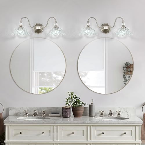 Image of Brushed Nickel Bathroom Vanity Light, 2-Light Vanity Light with Floral Clear Glass Shades, Nickel Wall Mount Lighting for Bathroom, Dressing Table