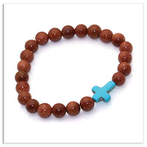 Image of Xusamss Fashion Religious Cross Bracelet 8mm Tiger Eye Turquoise Beads Elastic Bracelet,7 1 /2 wrist