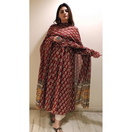 Image of Klosia Women Printed Anarkali Kurta and Pant Set with Dupatta | Printed Kurta Set | Viscose Kurta Set | Women Kurta Set | Summer Suit Set |