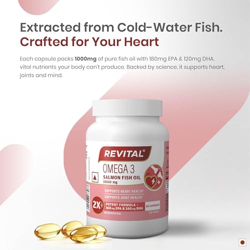 Image of Revital Omega 3 Salmon Fish Oil 1000mg Capsules with EPA 180mg & DHA 120mg | Triglyceride Form | Supports Heart, Joint & Brain Health | Vitamin E Enriched | No Fishy Burps | 60 Capsules | Heavy Metal Tested