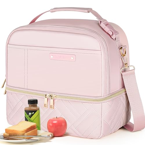 Hihealer 2 Tier Lunch Bag Women with Stylish Vegan Leather - Large Leakproof Insulated Cool Bag with Removable Adjustable Strap for Work Picnic, Christmas Gifts for Women (Blush Pink)