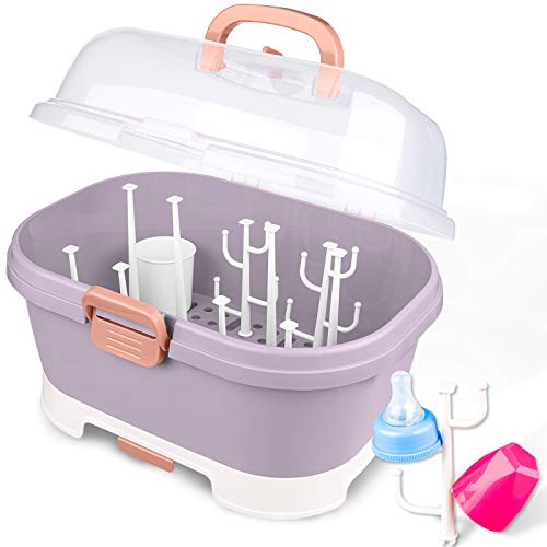 Image of Portable Baby Bottle Drying Rack Storage Box Organizer with Anti-Dust Cover - Purple