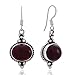 925 Sterling Silver Garnet Gemstone Indian Inspired Vintage Oval Dangle Hook Earrings 1.5"