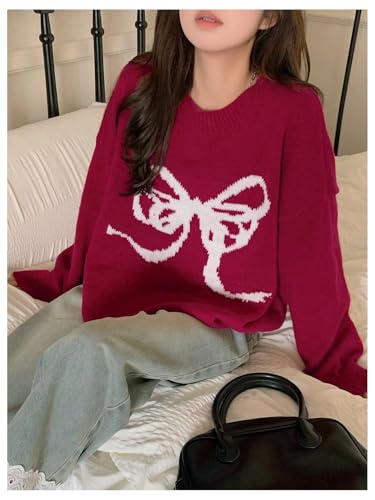 GORGLITTER Women's Bow Cute Sweater Long Sleeve Drop Shoulder Crew Neck Trendy Knit Sweaters with Bows3