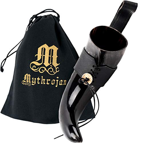 Mythrojan Viking Drinking Horn Black Medieval Beer Drinking Horn Authentic Drinking Horn with Strap Norse Beer Horn Large Drinking Horn Mug Viking Ale Horn Cup 400 ml Viking Drink Horn Replica 13oz