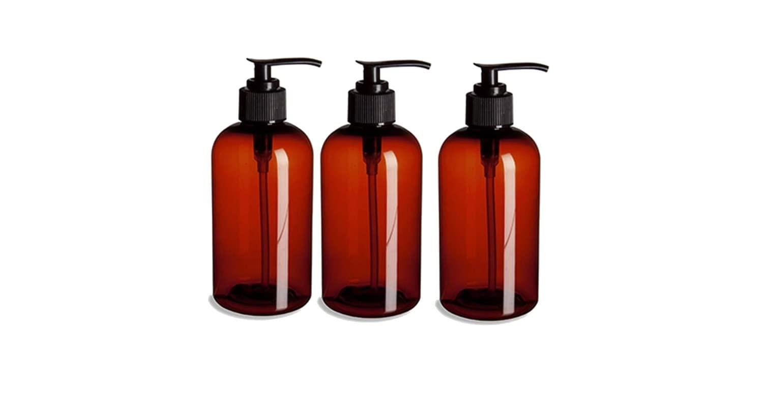 Empty Shampoo Bottles - 8 oz - 3 Pack - Pump Bottles Dispenser for Soap Cream Lotion Gel -Amber PET Boston Round with Black Pump- by Natural Farms
