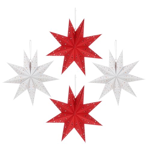 BIUDECO Farolillos Colgantes de Estrella de Papel 3D de 35 CM 4 Piezas 2 Rojos 2 Blancos Pantalla Luminosa Navideña de 9 Puntas para Decoración Interior Fiestas Bodas y Ambiente