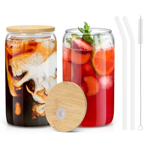 Image of sungwoo 2PCS Glass Cups with Bamboo Lids and Straws, 16OZ Ice Coffee Cup, Drinking Cup set with Wooden Lids, Home Essential Glass Tumblers for Beer, Cocktail, Tea and Latte Clear