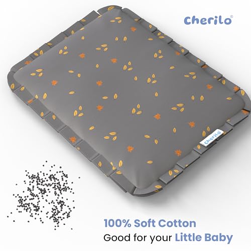 Image of Cherilo Mustard Seed Baby Comfort Cushion | Adjustable Filling | Soft Cotton Cover | 28 x 21.5 x 2 cm - Grey Leaf Pattern