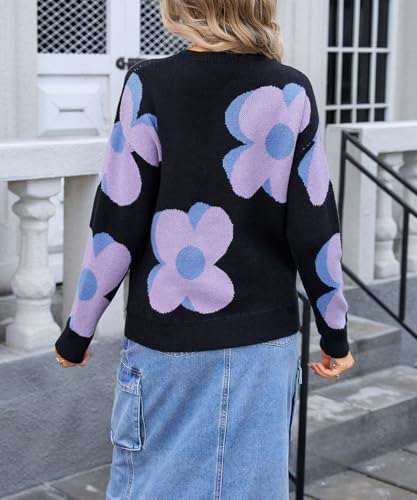 Image of Sumleno Womens Cute Color Block Flower Pattern Sweaters Crewneck Pullover Tops Kawaii Aesthetic Fall Winter Knitwear