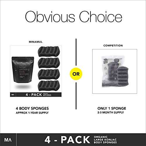 Minamul Konjac Exfoliating Organic Body Sponge | Gentle daily body face scrub/skincare | infused with best bamboo activated charcoal | Safe for Oily, Dry, Combination or Sensitive skin | 4 pack set