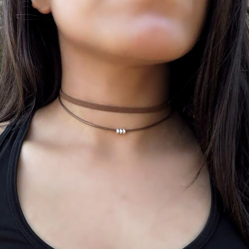 Inateannal Boho Geschichtet Wildleder Choker Halskette Braun Leder Seil Schnur Halskette Kette Gothic Kurze Wildleder Perlen Kragen Halsketten Schmuck Für Frauen