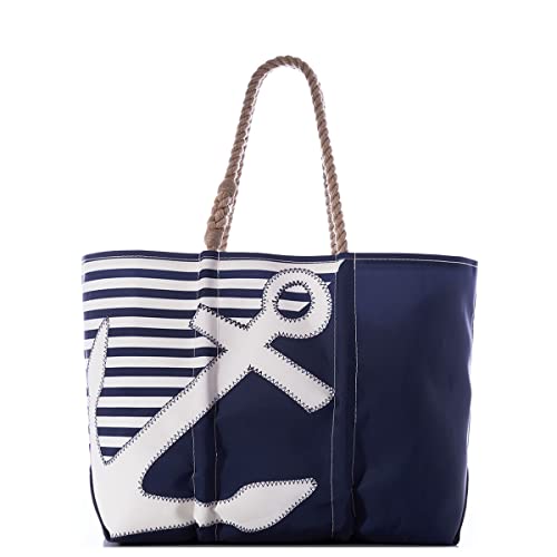 Sea Bags Recycled Sail Cloth Breton Stripe White Anchor Large Tote Bag Beach Bag Tote, Large Travel Carryall, Tote Bag for Work with Rope Handles. Made in the USA