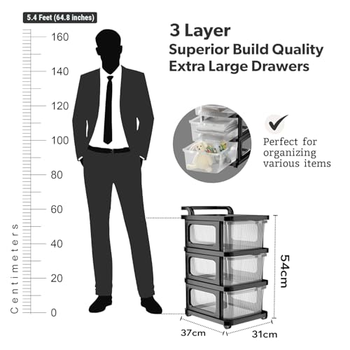 Image of URBAN LUXY Plastic Storage Drawer Organizer with Wheels | Multi-Purpose Chest of Drawers for Home, Office & Bedroom | Clothes, Toys & Stationery Organizer ((Transparent Black), 3 Layer)
