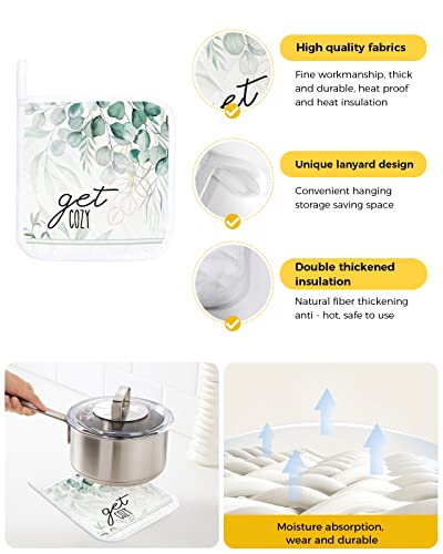 Farmhouse Green Leaf Pot Holder For Kitchen Boho Eucalyptus Leaves Plant Heat Proof Potholders 2 Pack Protect Hand Hot Pads With Loop For Bbq Cooking Baking Botanical #TOP1