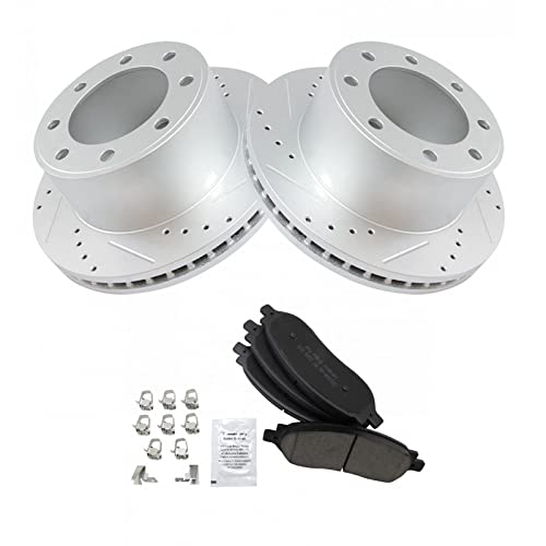 Image of TRQ Rear Brake Pad and Rotor Set Ceramic Coated Drilled Slotted Vented Rotors Compatible with 2005-2007 Ford F-250 Super Duty F-350 Super Duty