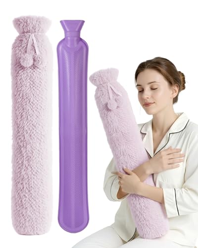 KEPLIN Extra Long 2L Hot Water Bottle with Super Soft Fleece Cover Durable Natural Rubber Long Lasting Warmth for Neck Back & Body Winter Comfort (Lilac)