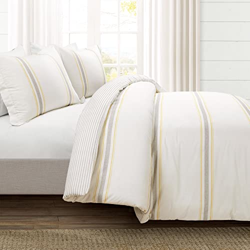 Image of Lush Decor Farmhouse Stripe Reversible Cotton Duvet Cover Set, 3 Piece Set, King, Yellow & Black - Bedding Set - Striped Duvet Cover King Size - Farmhouse Decor