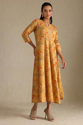 Image of Soch Womens Mustard Cotton Flex Floral Print Dress with Sequins