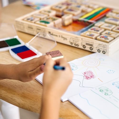 Image of Melissa & Doug Deluxe Wooden Stamp and Coloring Set - Vehicles (30 Stamps, 6 Markers, 2 Durable 2-Color Stamp Pads)