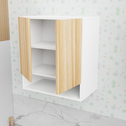 Image of 2 Door Multipurpose Wall Mounted Cabinet with Adjustable & Fixed Shelf | Storage for Kitchen, Bathroom, Office & Living Room | Assembly-DIY | Color-White & Asian Light | Size-60x33x63.8 Cm