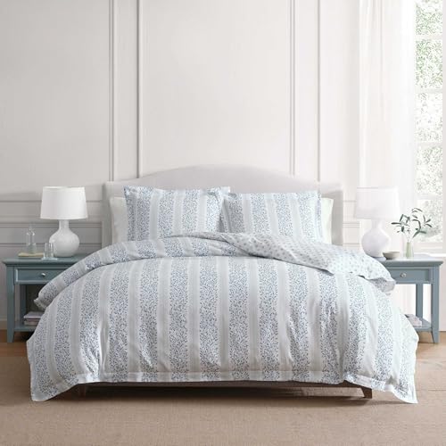 Image of Martha Stewart - Queen Comforter Set, 100% Silky Smooth Cotton Sateen Striped Bedding for Year Round Comfort, 3 Piece Bed Set with Matching Pillowcases (Verbena Stripe Blue)