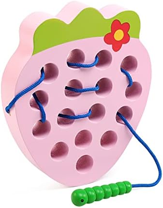 NEWSTYLE Montessori Toys, Kids Threading Toy, Lacing Activities Strawberry Wooden Toy Block Puzzles for Baby Toddler Early Learning Fine Motor Skills Educational Gift for Kids 1 2 3 Year Old (Pink)